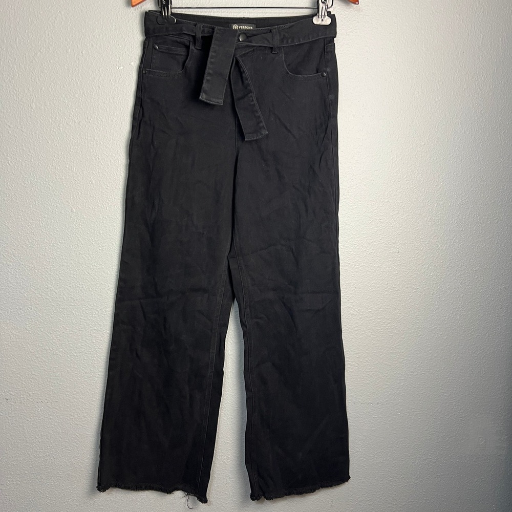 VERSONA Wide Leg Jeans Black Baggy Gothic High Waist Tie Belted Frayed Hem Sz 6